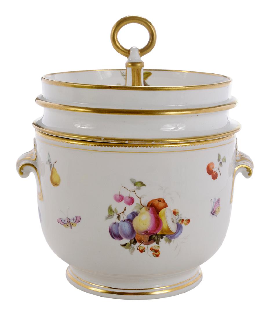 Derby Porcelain Fruit Cooler: English, circa 1800, painted with fruits and butterflies, mark painted in puce "[crown]/X/D" and impressed "V", 10 in.,. Provenance: Estate of Marjorie and Charles West