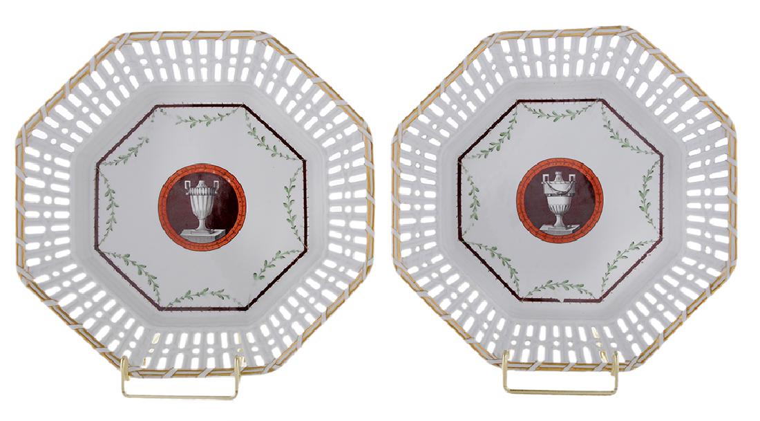 Pair Furstenberg Reticulated Porcelain Shallow Bowls: German, 19th century, octagonal gilt border, reticulated lattice-work shoulder, center with double-handled urn in octagonal frame, green swag borders, marked with F/(?) In underglaze blue; 10-1/2 in..