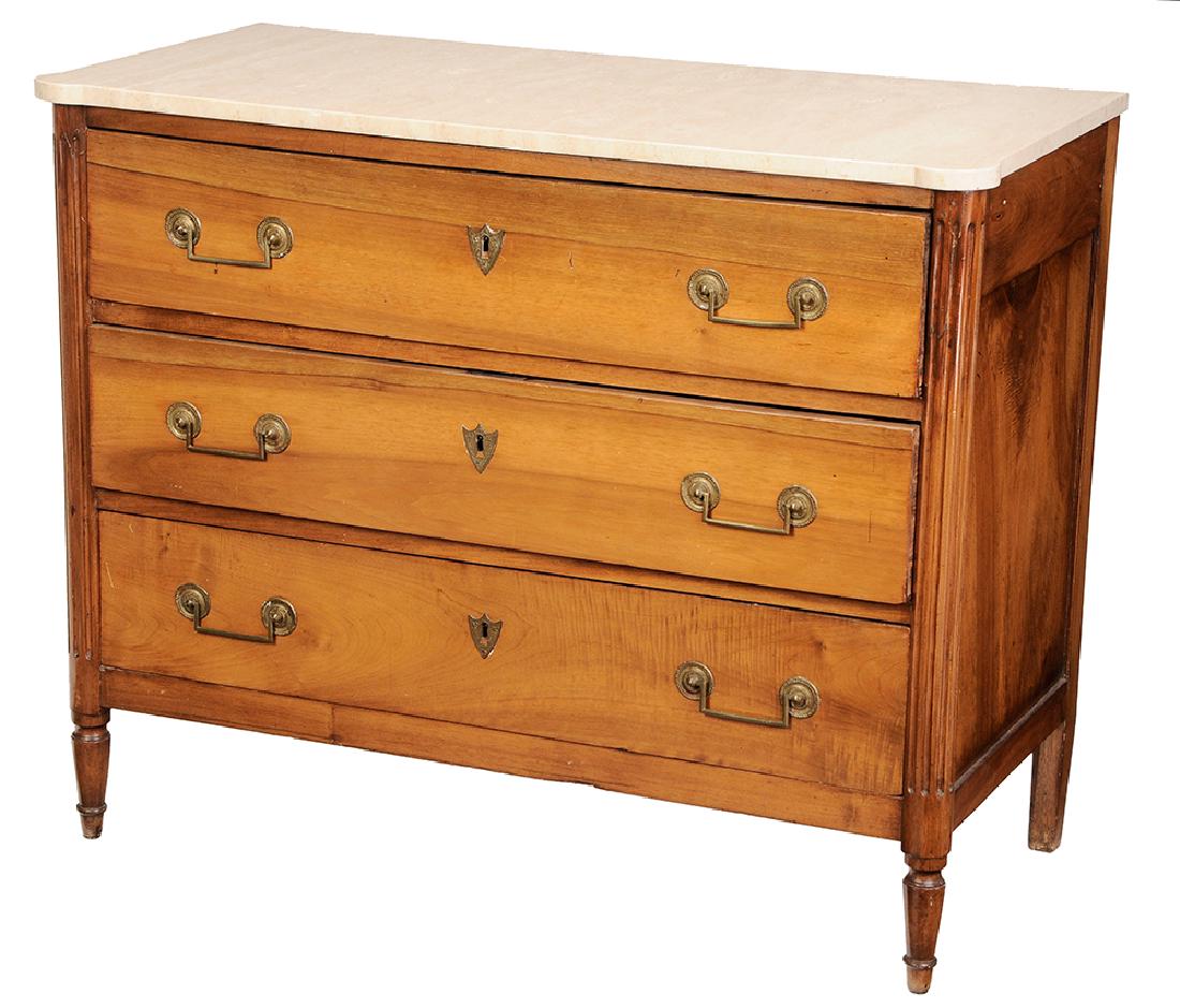 Directoire Walnut Marble-Top Three-Drawer Commode: Continental, 19th century, dovetailed construction with pine secondary, original gilt brass drawer pulls, travertine top, 35 x 43-1/4 x 21-1/4 in.. Provenance: Property of a Georgia Private Collection