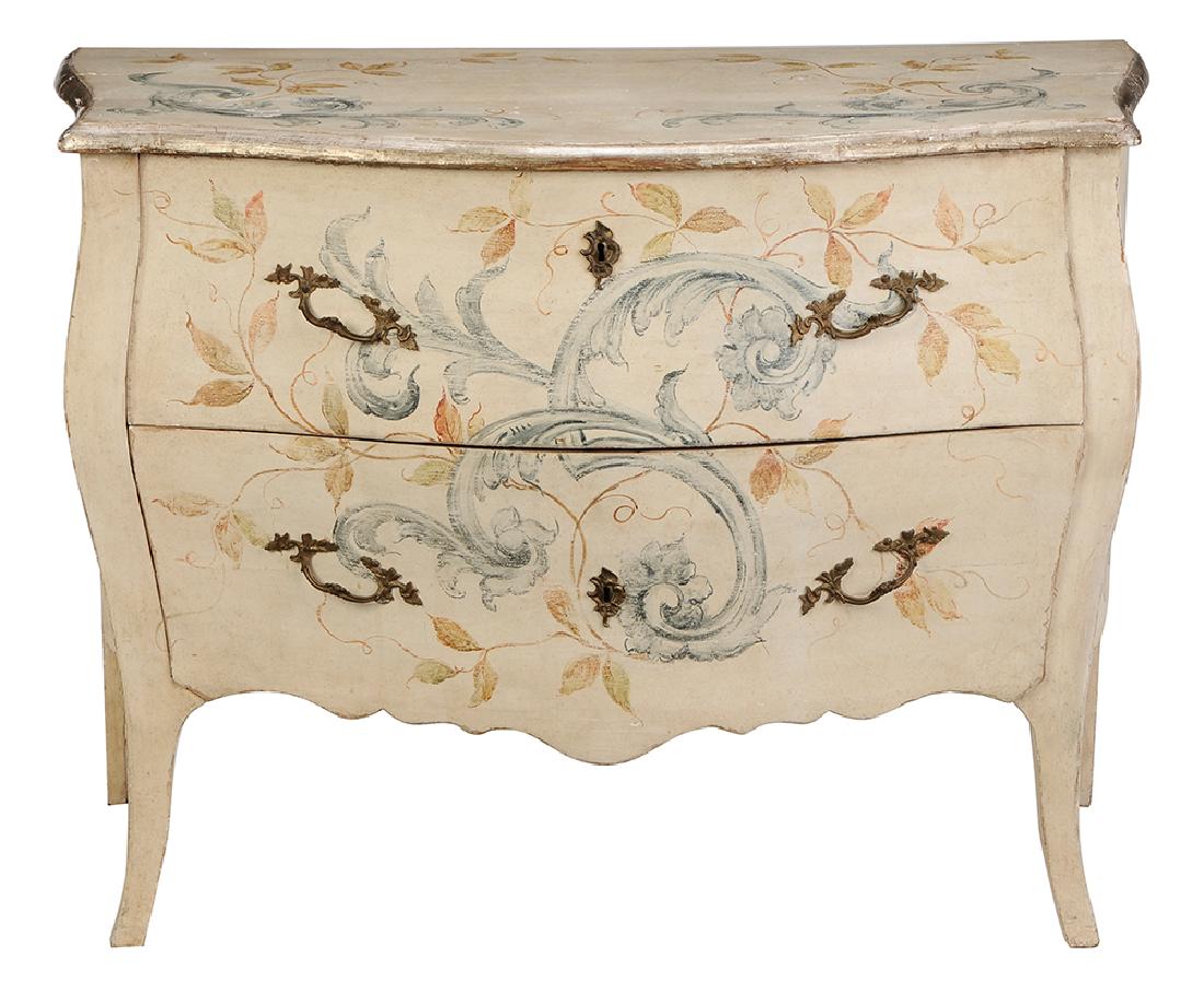 Louis XV Style Paint-Decorated Two-Drawer Commode: 20th century, constructed using some early wood, vine and scroll decoration on cream ground, 35 x 45 x 21 in.. Provenance: Property of a Georgia Private Collection