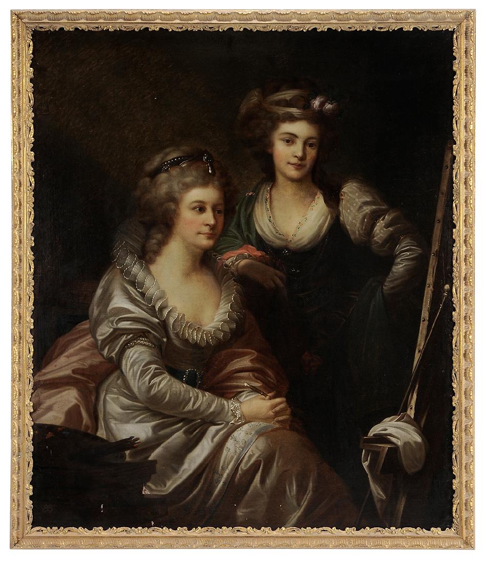 Manner of Elisabeth Louise Vigee-Lebrun: (French, 1755-1842) The Artist at an Easel with Her Student, signed lower left conjoined monogram "ELVL", oil on canvas, 53-1/2 x 45 in.; modern gilt wood and composition roccoco style frame,. Notes: 