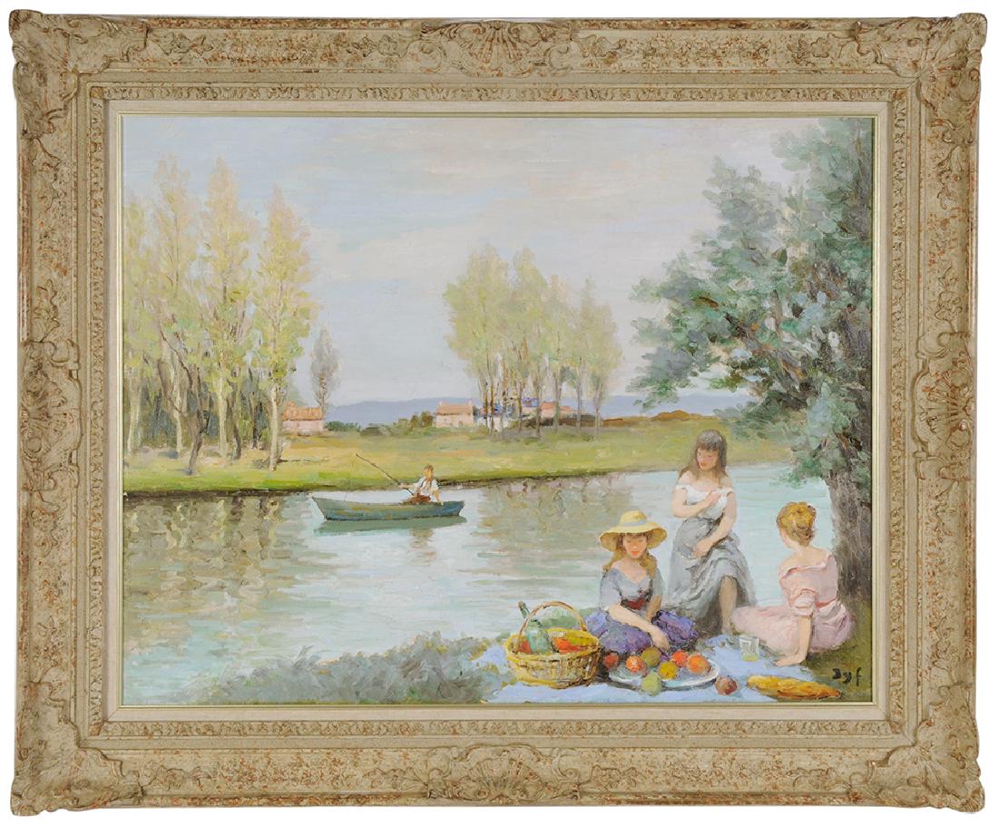 Marcel Dyf: (French, 1899-1985) [Pique nique au bord de l’eau (Les Trois Amies, Claudine, Jacqueline, Corinne)], 1976, (No. 1347), signed lower right "Dyf", oil on canvas, 28-3/4 x 36-1/2 in. (73 x 92 cm.); pai