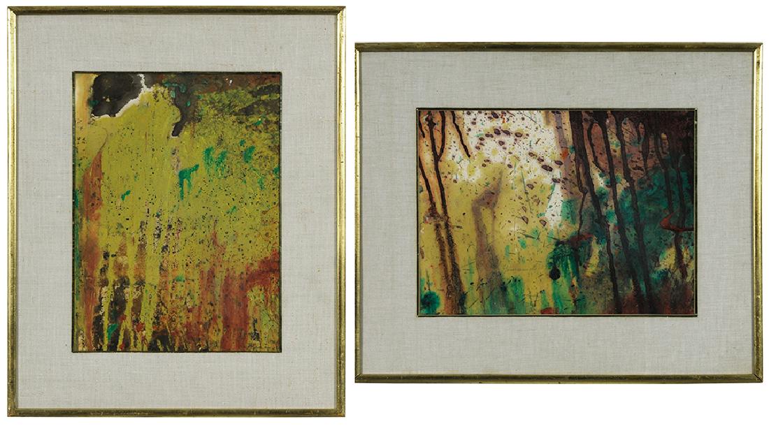 Taro Yamamoto: (Connecticut/New York,1919-1994) Two abstract drip paintings; Autumn Woods, 15-1/4 x 11-3/8 in.; Untitled, 1959, 11-1/4 x 15 in., both signed "Taro Yamamoto 1959", oil on paper; matching gilt wood fra