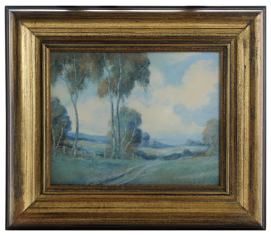Large Rookwood Tile with Scenic Landscape, Edward Dyers: American, 20th century, finely detailed and titled "Road to the Field" depicting a landscape with trees and country road leading to a distant field on a cloudy day, back with impressed Rookwood mark a