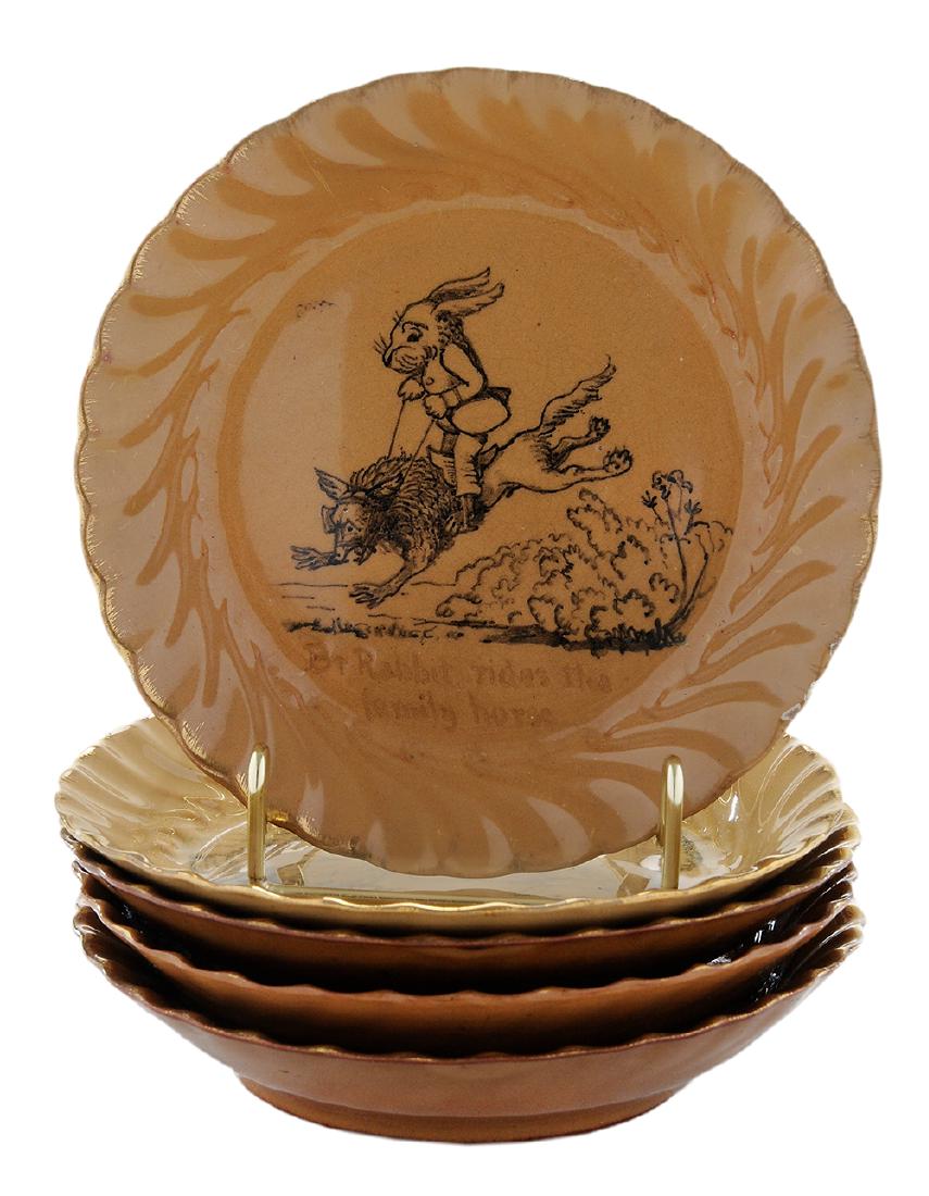 Five Rookwood Uncle Remus Dishes: Cincinnati, Ohio, 1884-1888, molded children's dishes with gadrooned sides in reddish-brown (ginger) clay decorated with illustrations by Edward Pope Cranch (1809-1892) based on Uncle Remus's plantati