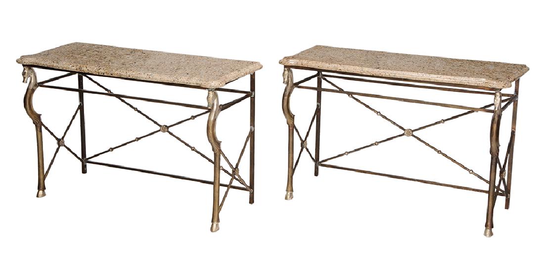 Pair Art Deco Style Seahorse Figural Brass and: possibly French, circa 1950s, each with marble top over rectangular frame, seahorse figural front legs with silvered heads and hooves, brass structures set with rosettes, 29 x 45 x 19 in.. Provenance: