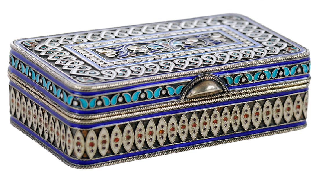 Russian Gilt Silver Enamel Box: St. Petersburg, 1892, rounded rectangular with scroll and floral enamel decoration, marks for Mikhail Grachev (working 1883-1917), no monogram, .875 fine, 4.48 oz. T., 1 x 3-1/4 x 2 in.,. Provenance:
