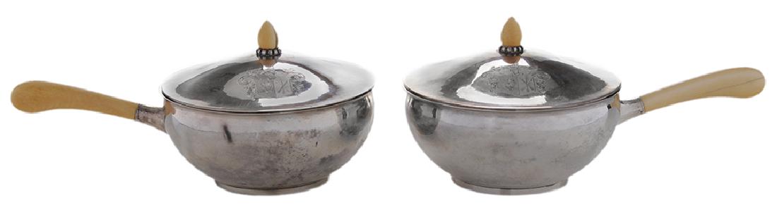 Pair Danish Covered Entrée Dishes: Denmark, 1933, round tapering sides, hammered finish, ivory finial and handle, marks for Evald Nielsen and assay master Johannes Siggaard, heraldic device on lids, .826 fine, 37.18 oz. T. gross weight