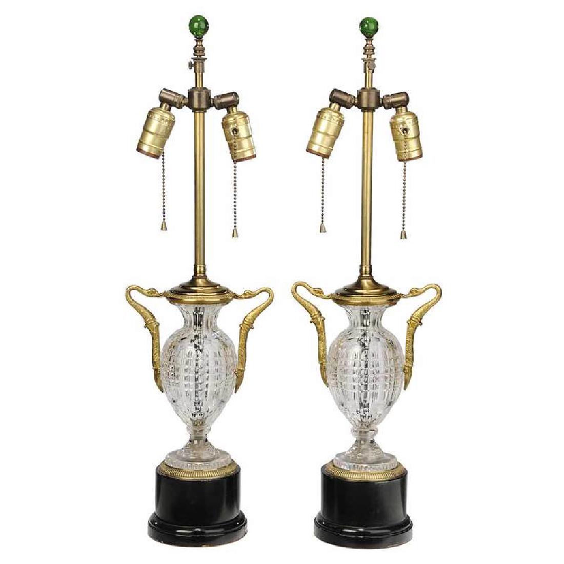 Pair Empire Style Gilt Bronze Cut Crystal Lamps (1 of 1)