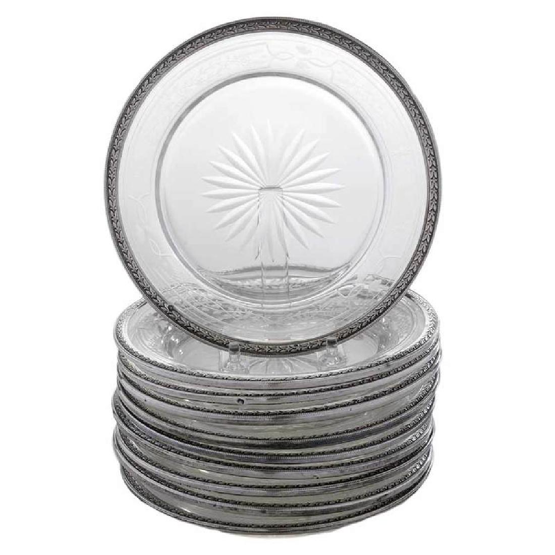 Ten Etched Glass Plates with French Silver Rim (1 of 4)