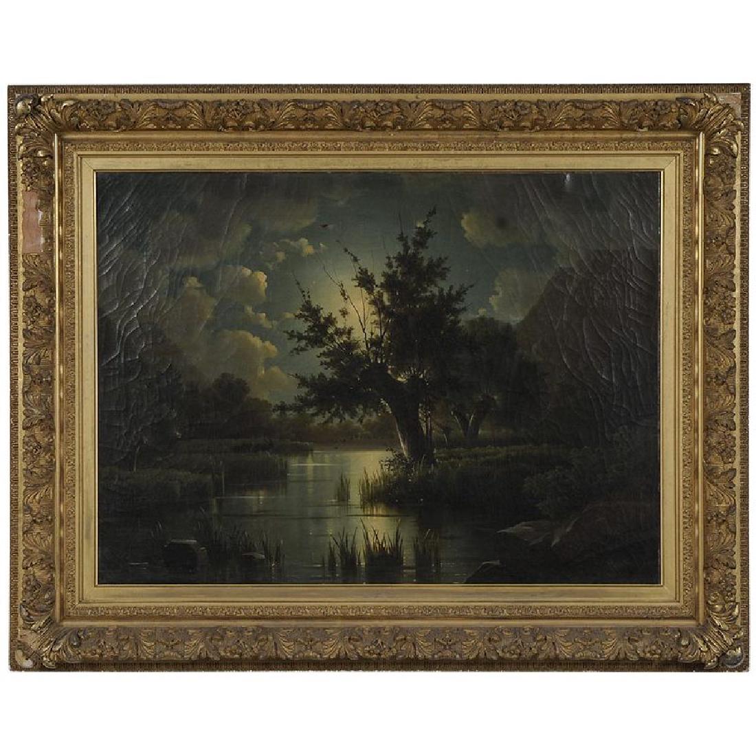 Continental School: (19th century) Moonlit Lake with Deer and Ducks, signed lower left "Apech 1871", oil on canvas, 28 x 38 in.; original gilt wood and composition frame
