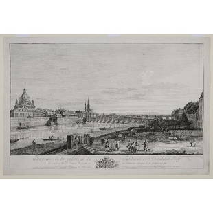 Bernardo Bellotto: (Italian, 1721-1780) [Perspective de la galerie et du Jardin son Excellence Mgr./ Le Compte de BrÃ¼hl..], 1747, signed in plate "Pient dessine, et grave par Ber. Bellotto dit Canaletto", engraving o