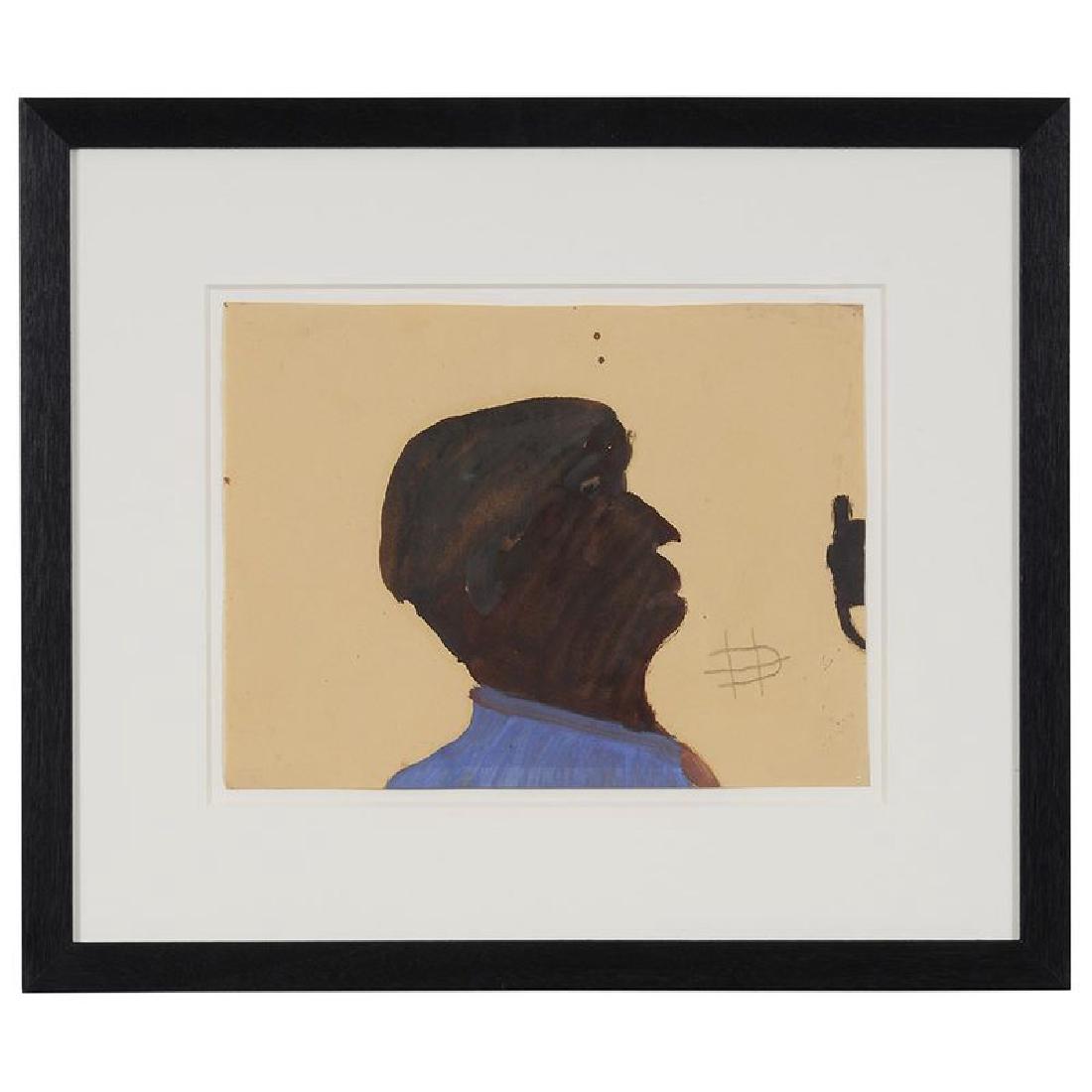 Clementine Hunter: (Louisiana, 1886-1988) Portrait of a Man, circa 1940s, signed with monogram right "CH", oil on paper, 9-1/2 x 12-1/2 in.; black frame