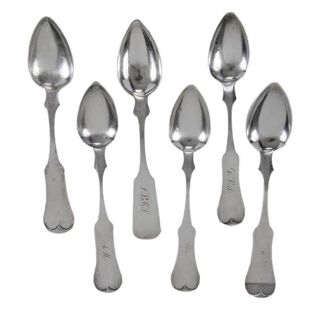 Twelve Memphis Coin Silver Teaspoons: Tennessee, mid 19th century, all with shaped fiddle handles includingÂ ten with marks forÂ F. H. Clark & Co. (Memphis, Tennessee, working 1848-1866);Â one with marks for James Poole (Memphis, Te