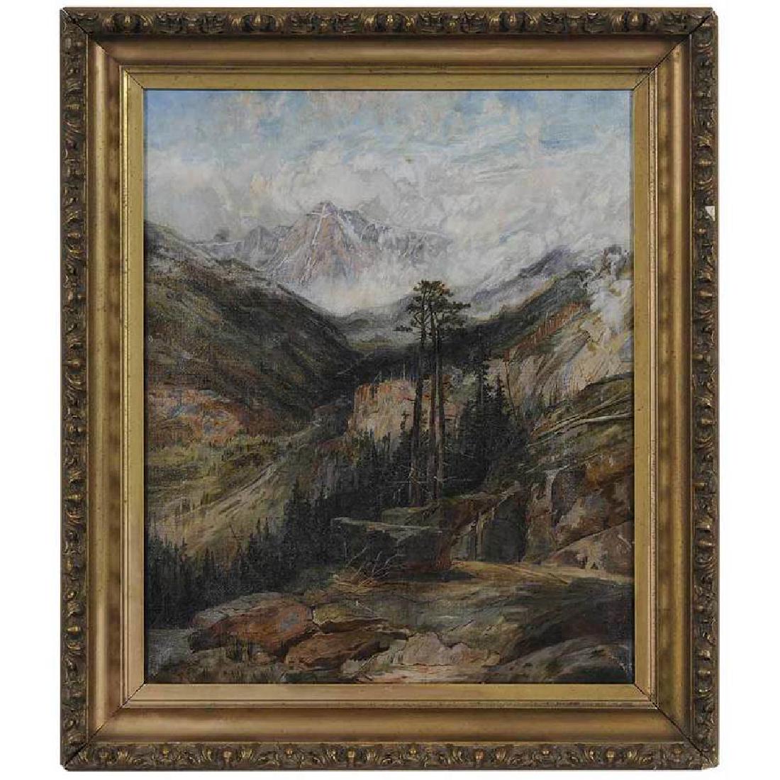 After Thomas Moran: (American, 1837-1926) Mount of the Holy Cross, late 19thÂ century, unsigned, oil on canvas, 17 x 14 in.; possibly original gilt wood frame, 20-3/4 x 17-3/4 in.