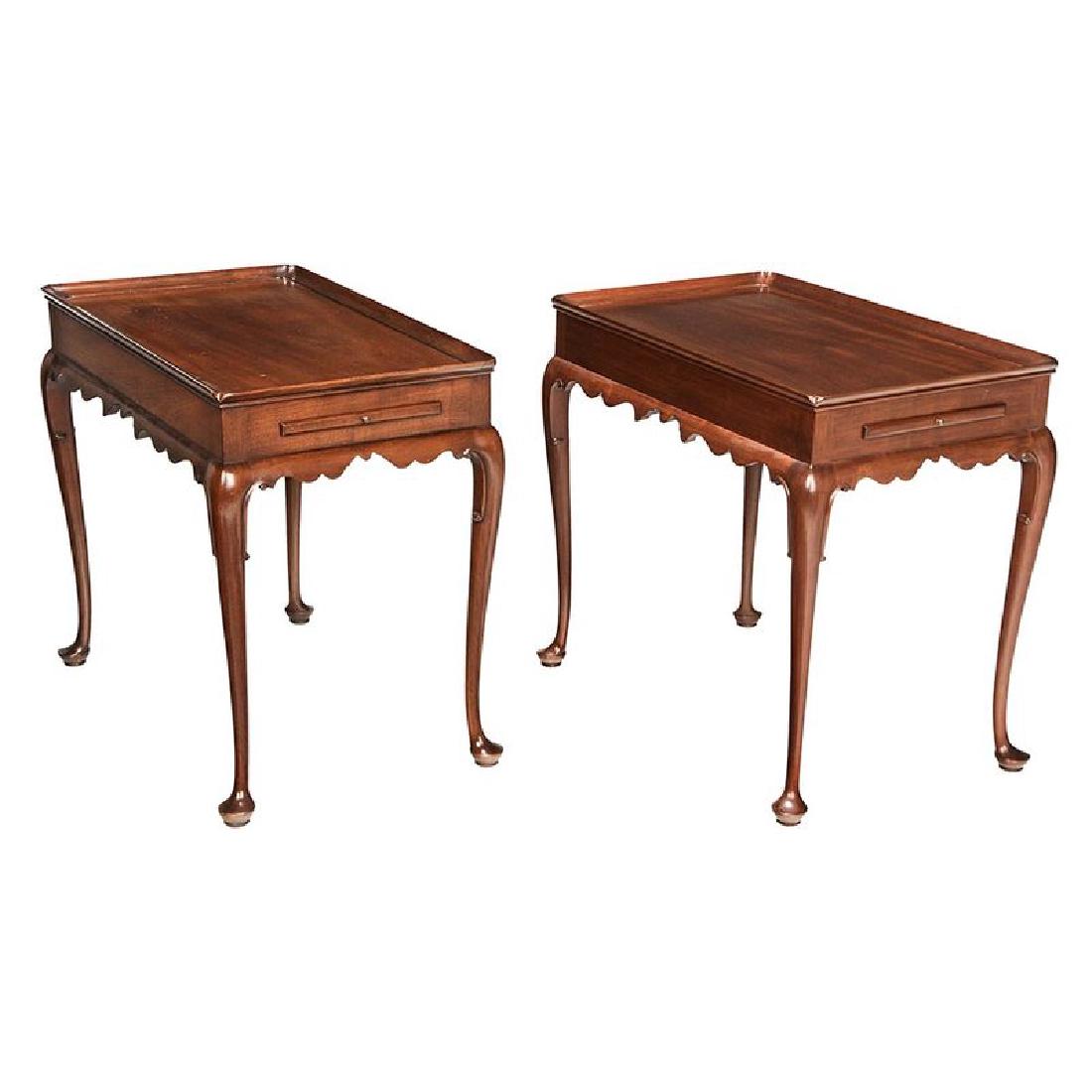 Pair Kittinger Queen Anne Style Tea Tables: 20th Century, Boston Queen Anne style, mahogany throughout with two pull out candle slides, stamped marks for KittingerÂ WilliamsburgÂ reproduction,Â 26-1/2 x 19 x 30 in.