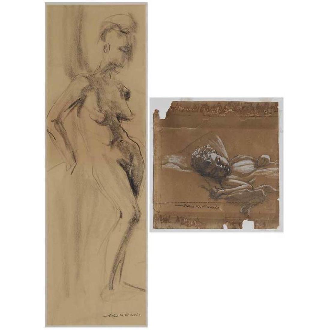 Arthur Bowen Davies: (New York, 1862-1928) Nude, charcoal on cream paper, 6-1/8 x 20-1/4 in. (sight), [creases, not removed from frame]; Sleeping Child, mixed media on paper, 7-1/8 x 7 in. (in 3 pieces), [tape stains, wit