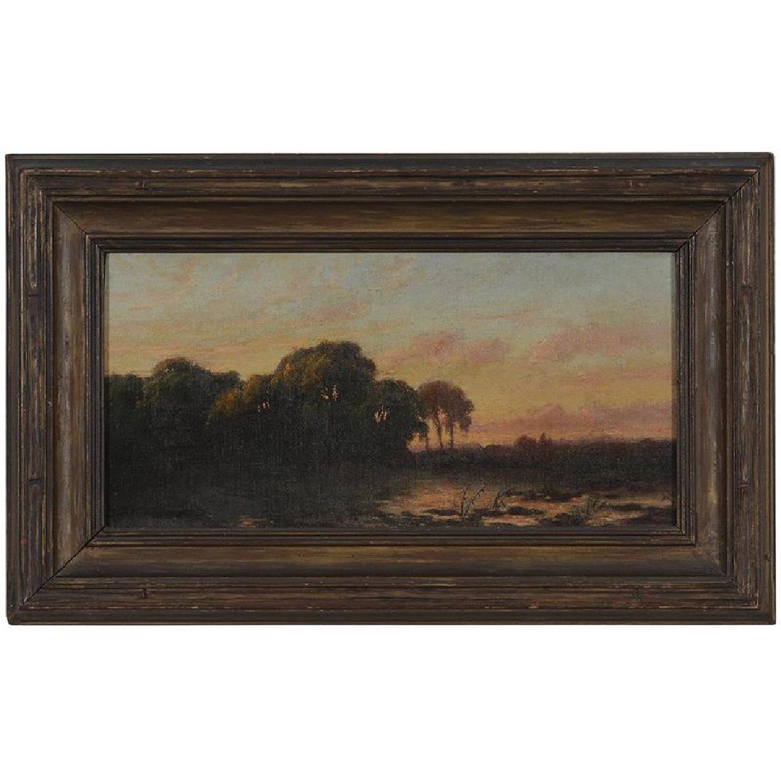 American School: (19th/20th century) Sunset, signed indistinctly lower left "R. King" (?), oil on canvas,Â 6 x 12 in.; original arts and Crafts gilt wood frame, 9-1/2 x 15-1/2 in.