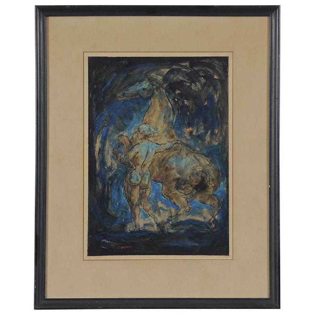 Charles Edward Burdick: (American, 1924-2016) Nude With a Rampant Horse, ink and oil on board, signed lower left "Burdick", 13-1/2 x 9-7/8 in.; framed and matted in black painted frame