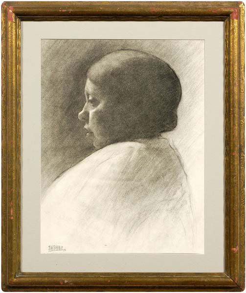 Joseph Henry Sharp drawing: (Ohio/California, 1859-1953), profile portrait of Native American woman, signed lower left "J.H. Sharp/85", charcoal and chalk laid on paper, 19-3/8 x 16 in.; early 20th century carved and gilt wood f