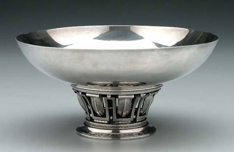 Swedish sterling center bowl,: Jensen style, round, pedestal base with stylized Greek key and acanthus leaf post, Erik Fleming design for Atelier Borgila, Stockholm, Sweden, 1937, no monogram, 24.7 oz.T., 4-1/4 x 9 in. Light scratc