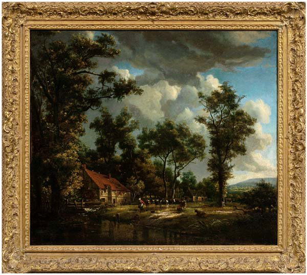 19th century English School painting,: landscape with mill, figures and cows in pasture, unsigned, oil on canvas, 28-3/4 x 32-1/2 in.; 20th century gilt wood and composition French style frame. Lined, overcleaned, craquelure, 50 percent of