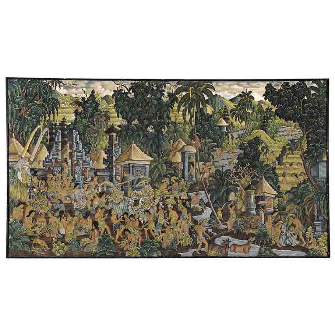 Balinese School: (Batuan, 20th century) Batuan Village Rituals, signed lower left "P. Suarka Batuan/Bali", tempera or gouache on fabric, 52-5/8 x 93-1/2 in. with thin black painted frame