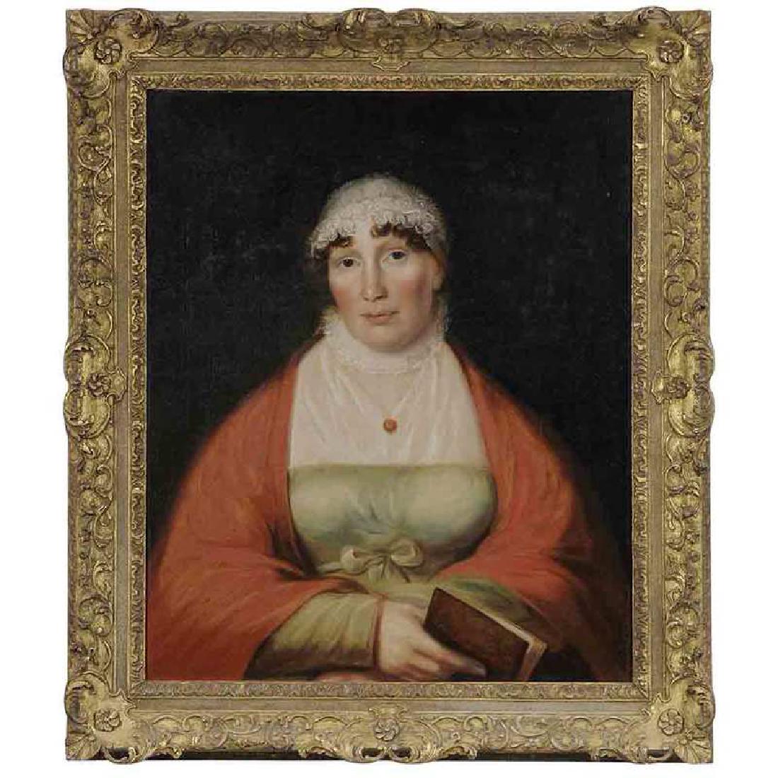 Follower of Benjamin West: (Pennsylvania/Britsh, 1738-1820) Lady Holding a Book, unsigned, oil on canvas, 30-1/4 x 25-3/8 in.; carved and gilt wood 18th century style frame; Notes; A similar pose can be found inÂ Erffa