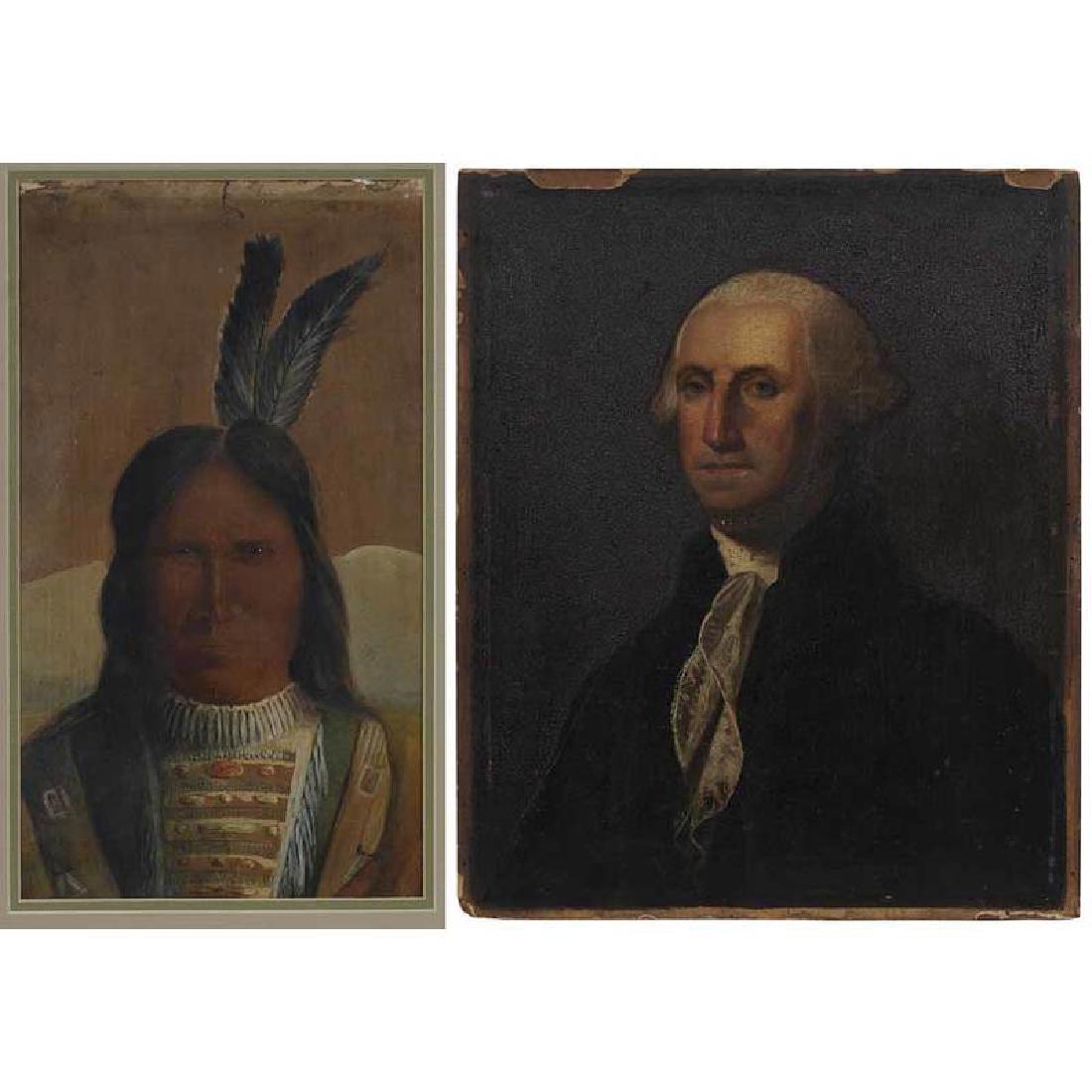 American School: (19th/20th century) Two oil-painted prints: George Washington, after Gilbert Stuart, 10-7/8 x 9 in.; Indian Warrior, 12-3/8 x 7 in. (sight); one framed