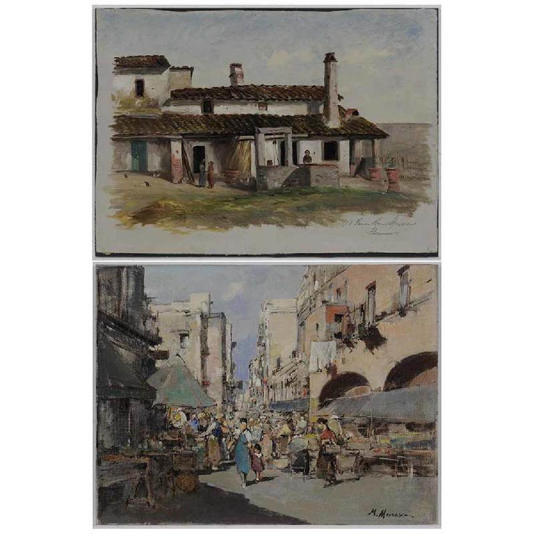 European School: (20th century) Two oil sketches: City Market, signed lower right "M. Maresca" (Mario Maresca Serra, 1912-1991), 12-1/2 x 16-5/8 in., [laid on fiberboard, minor abrasions, one with retouch]; A Farm Hou