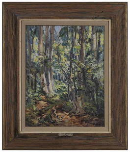 Pieter Hugo Naudé: (South Africa, 1869-1941) Knysna Forest, South Africa, signed lower right "Naudé", oil on plywood, 17-1/2 x 14 in.; chestnut frame, 25-1/4 x 13-3/4 in. Lot is accompanied by a letter from the gallery