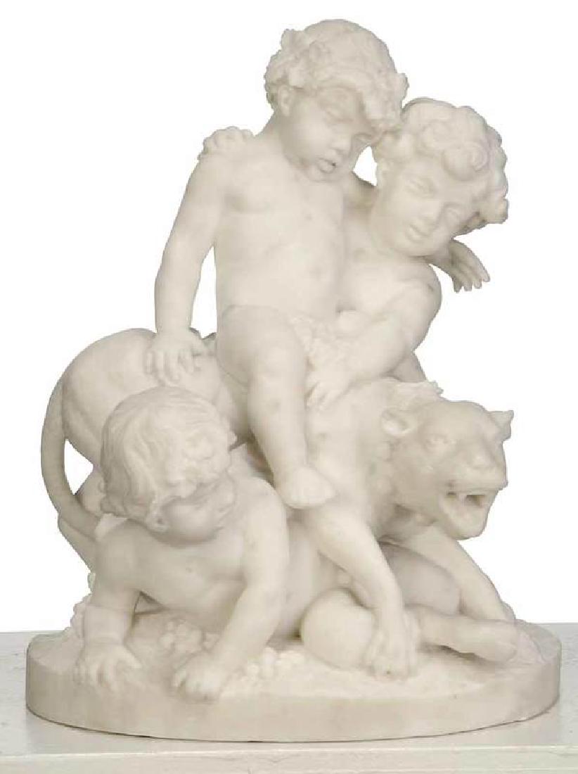 After Claude-Michel Clodion: (French, 1738-1814) Playful Putti with Lion, unsigned, carved marble, 12-3/4 in.