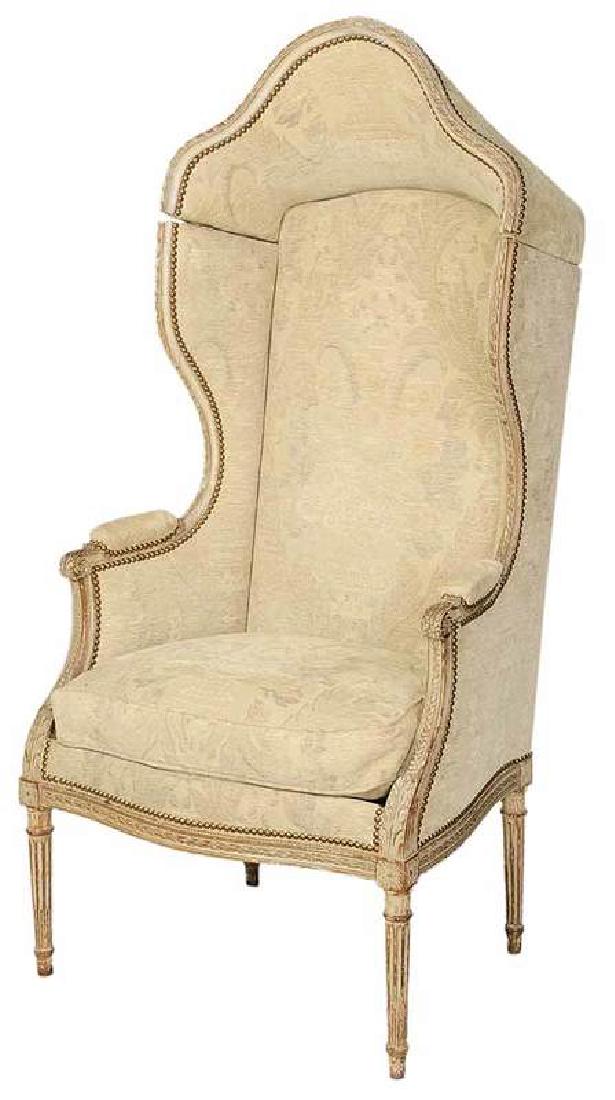 Louis XVI Style Decorated Hooded Arm Chair: French, early 20th century, carved and painted beech wood frame, back set with hinged arched hood, loose down cushion, 60 in.