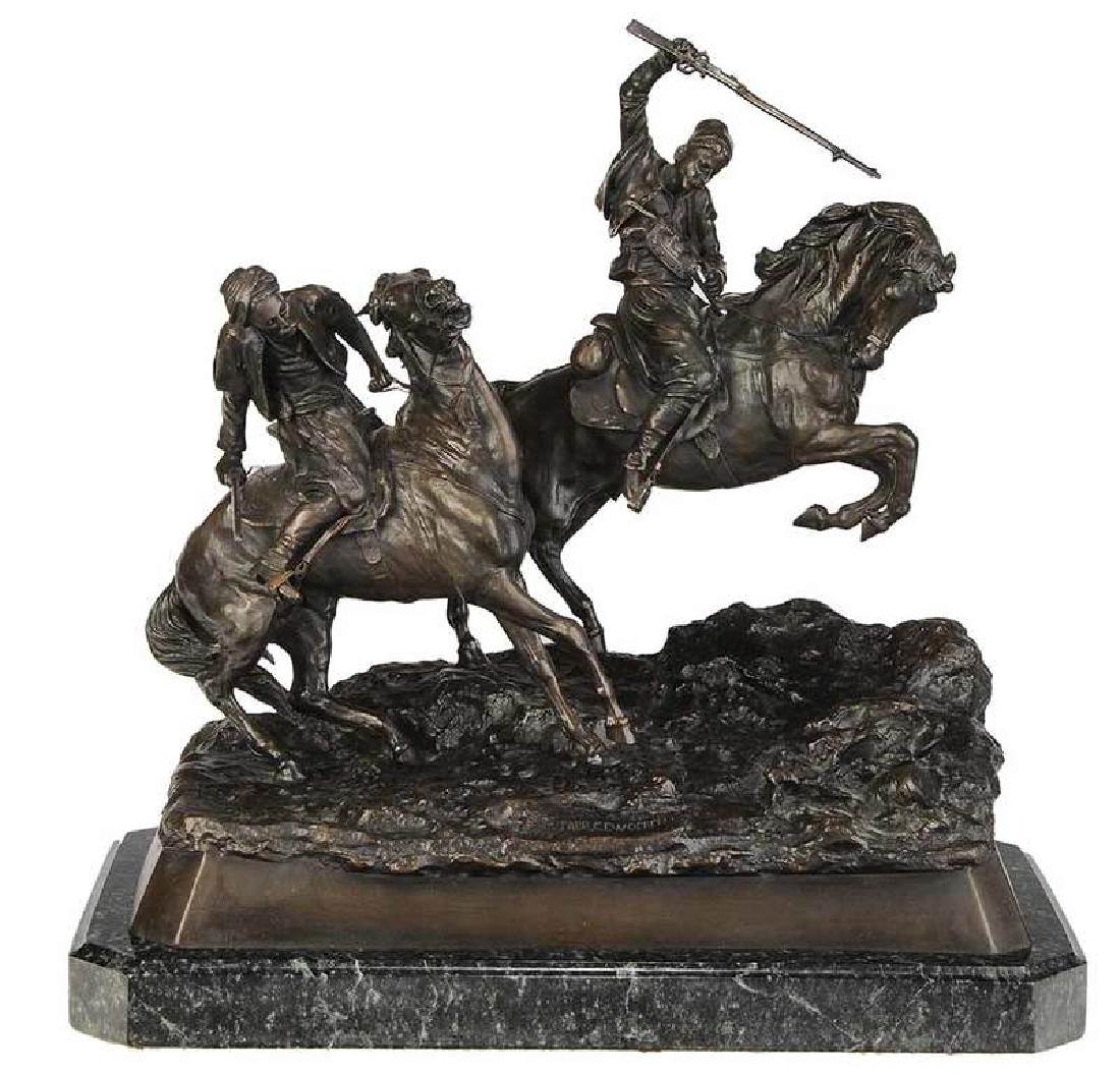 After Vassili Yacovlevich Grachev: (Russian, 1831-1905) Galloping Cherkessians, signed in Cyrillic and inscribed with foundry ""Fabr. C.R. Woerffel", patinated bronze, 17-1/2 x 17-1/2 x 9-3/4 in. (bronze); 19-1/2 x 20 x 11-3/4 in. (wit