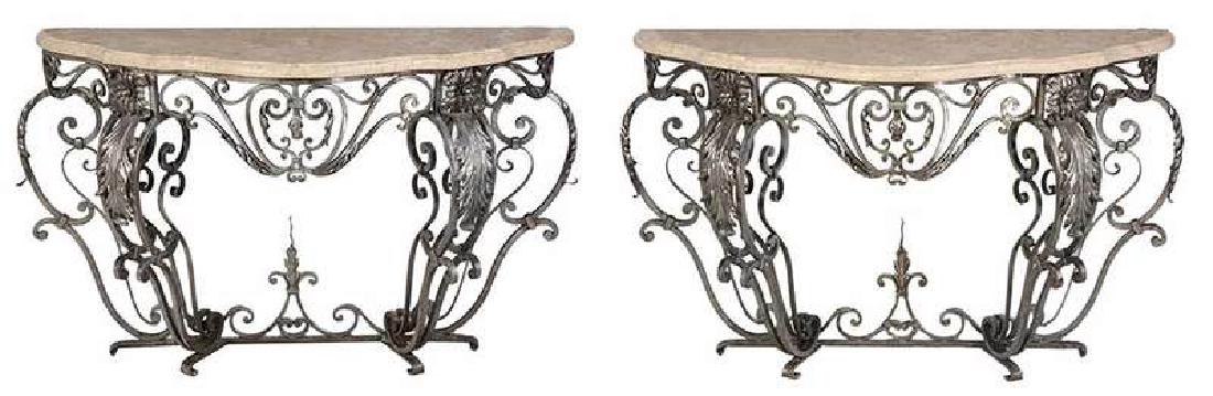 Pair Wrought Iron Stone Top Consoles (1 of 6)