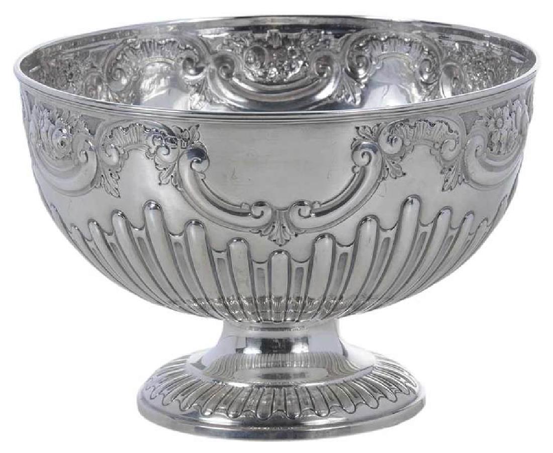 English Silver Footed Bowl: Sheffield, 1896, stop gadroon body with scroll and floral decoration, no monogram, partial makers mark, 12.72 oz. T., 5 x 7-1/4 in.