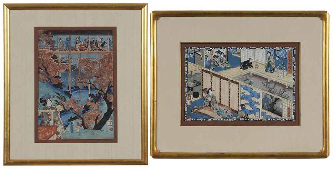 Utagawa Toyokuni II: (Japanese, 1777-1835) woodblock on paper of woman at well, underneath maple trees, signature, chop seals, 13-1/4 x 9-1/4; matted, gilt wood frame, 20 x 17-3/4 in., not examined out of frame, slight l
