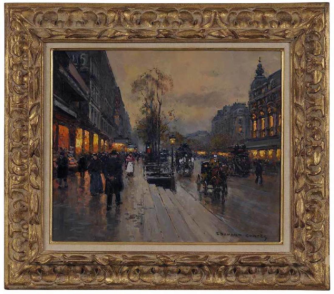 Edouard Léon Cortès: (French, 1882-1969) Boulevard Bonne Nouvelle, signed lower right "Edouard Cortès", oil on canvas, 18-1/8 x 21-7/8 in.; carved and gilt wood frame, linen liner, 26-1/2 x 30-1/4 in. Notes: Madame Nico