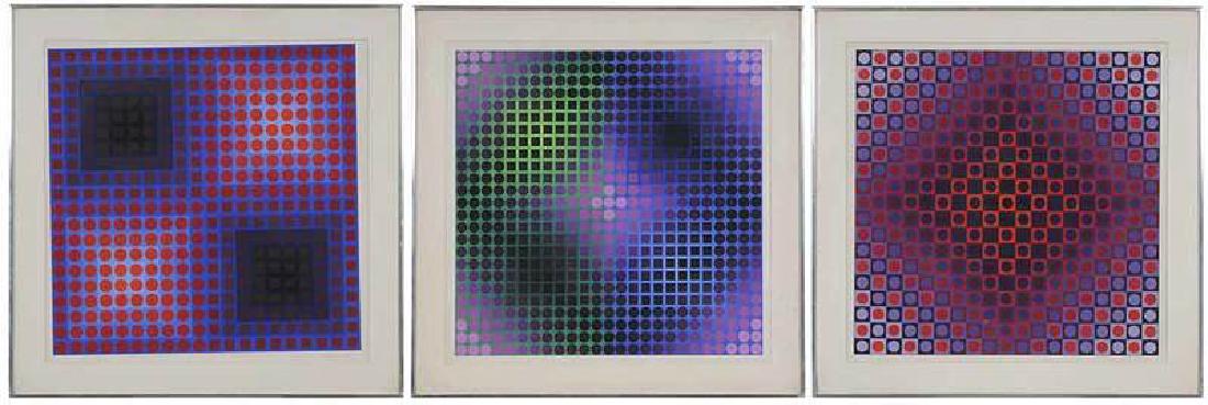 Victor Vasarely: (French/Hungarian, 1906-1997) Three works from Permutations, edition of 150, nos. 98, 111, 98, each signed in pencil lower right "Vasarely", 23-5/8 x 23-5/8 in. (image); matching modern aluminum frame