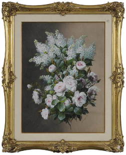 Raoul de Longpre: (French, 1843-1911) Roses and White Lilacs, signed lower right "R.M. de Longpre fils", watercolor and gouache on paper, 26 x 19-1/2 in.; ornate gilt wood and composition frame, 35-1/2 x 28-1/2 in.