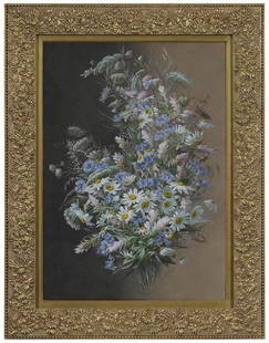 Raoul De Longpre: (French, 1843-1911) Still Life of Buttercups, Daisies and Bachelor Buttons, signed lower right "R.M.De Longpre fils", watercolor and gouache on paper, 27-1/2 x 19-1/2 in.; gilt wood and composition