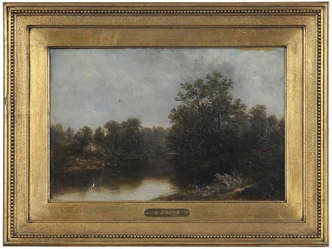 David Johnson: (American, 1827-1908) Cottage on the Lake, 1864, signed lower right with conjoined initials and dated "64", also signed and dated verso "David Johnson. 1864", oil on canvas, 9-1/2 x 15 in.; period gil