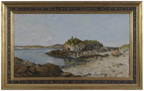 Prosper Louis Senat: (American, 1852-1925) Maine Coast, 1890, signed and dated lower right "Prosper L. Senat/ 90", oil on canvas, 20 x 36 in.; modern gilt wood and paint decorated frame, 27-1/4 x 43-1/4 in.