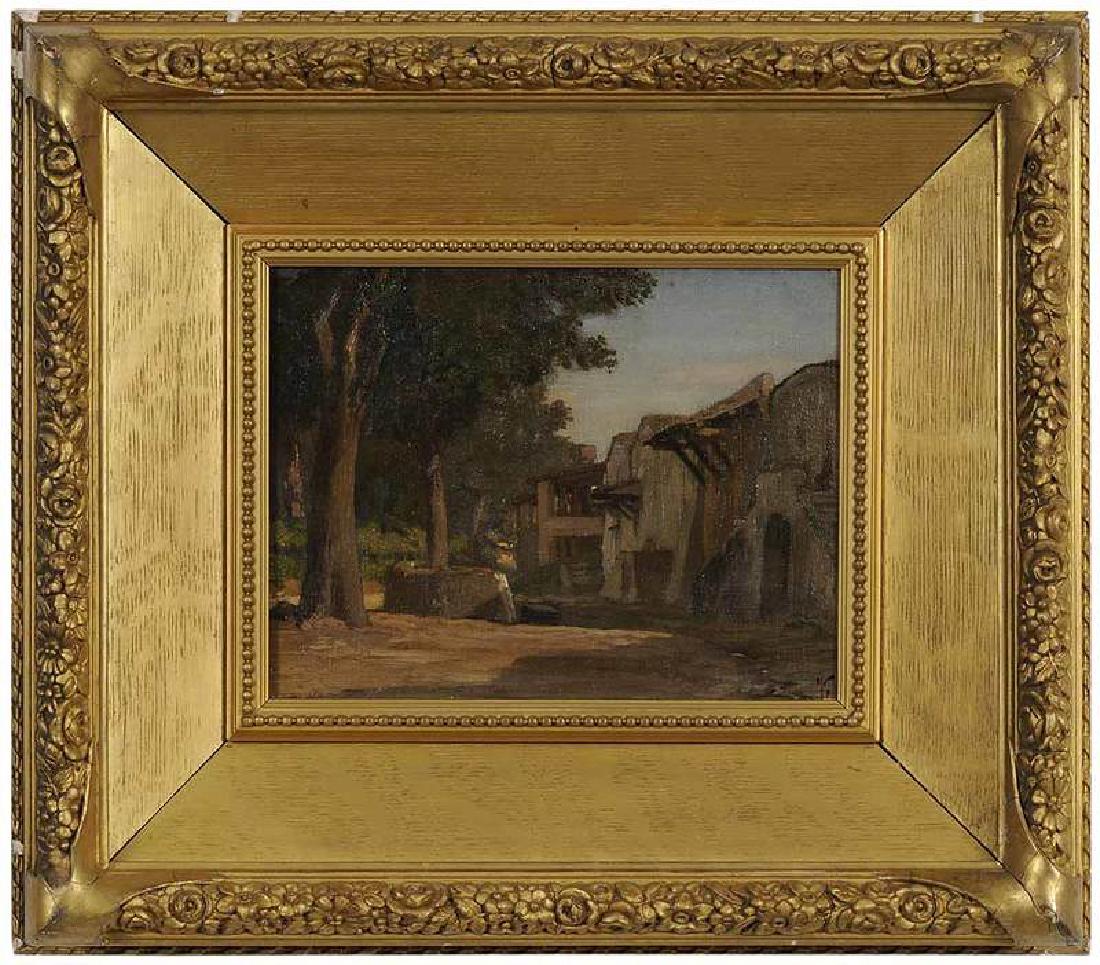 Elihu Vedder: (American, 1836-1923) Wine Cellars, Monte Testaccio, 1870s, signed with monogram lower right, Smithsonian Institution Traveling Exhibition Service label and other inscriptions verso, oil on canvas, 7 