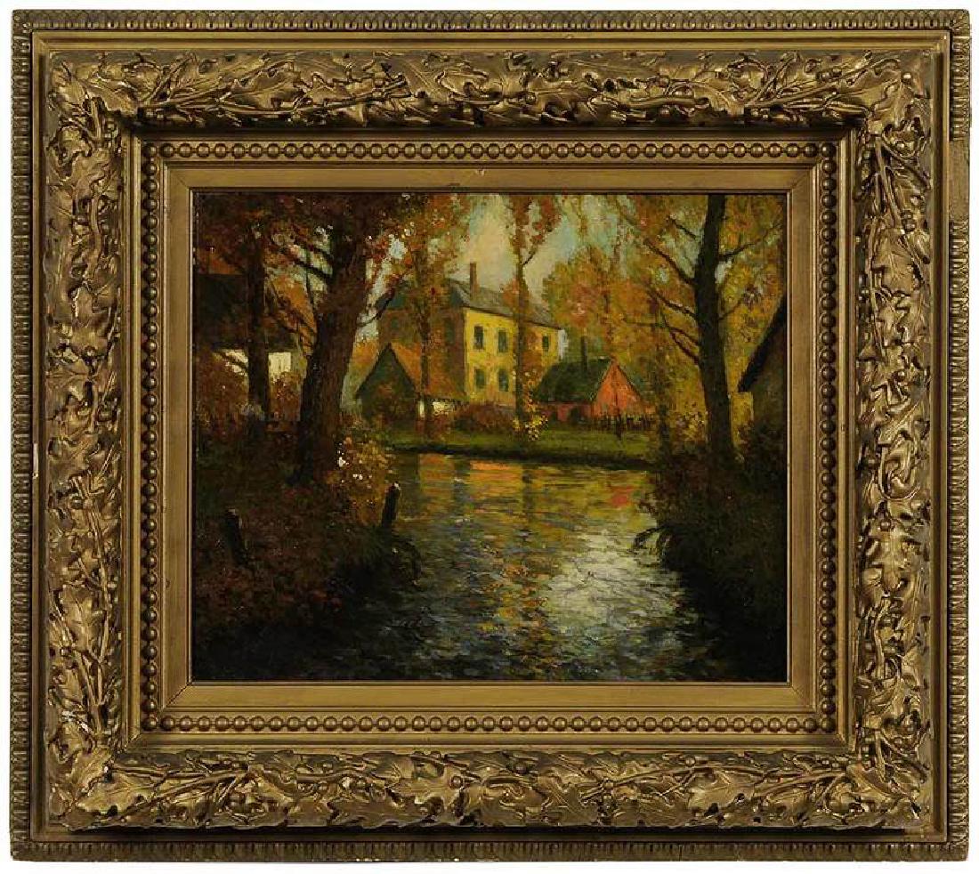 George Ames Aldrich: (American, 1872-1941) House on the Canal, initialed lower left "G A A", oil on canvas, 16 x 18 in.; period gilt wood and composition frame, 25-1/2 x 28-1/2 in.