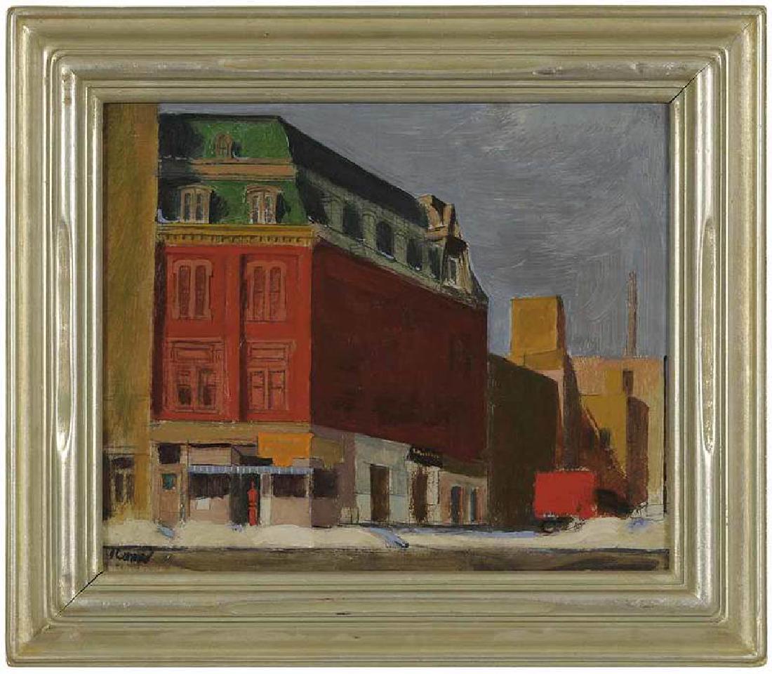 Adolf Ferdinand Konrad: (New Jersey, 1915-2003) The Corner Store, Newark, signed lower left "Konrad", oil on Masonite, 10 x 12 in.; gilt silver frame, 13-3/4 x 15-3/4 in.