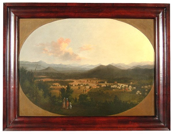 R.S. Duncanson view of Asheville,: North Carolina (Robert Scott Duncanson, Ohio, 1821-1872), view includes one structure still standing (Ravenscroft School), signed verso under lining "RS Duncanson 1850," oil on canvas, lined, wax and