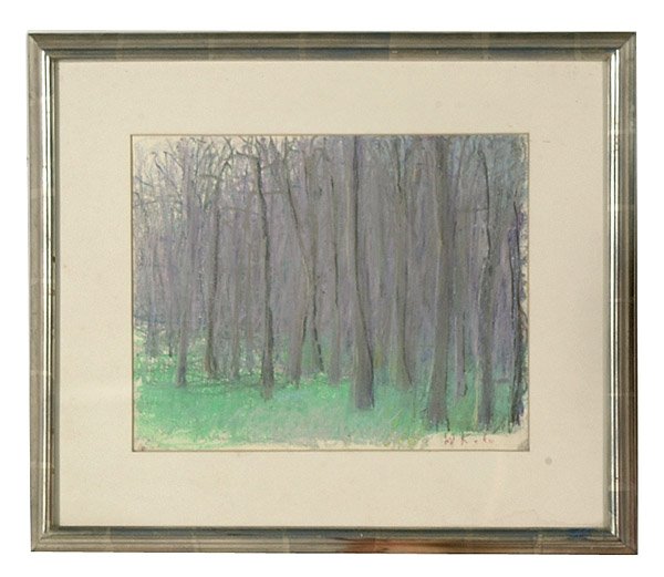 Landscape by Wolf Kahn: (New York, born 1927), grove of trees, signed lower right "W Kahn," pastel on paper (sketch pad), 11 x 14 in., gilt silver frame. Hinged at top at four points; frame with scratches. Provenance: Casper