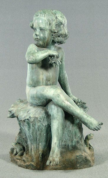 Edward Berg bronze fountain figure,: "Genevieve," child sitting on stump holding water lily in one hand, frog and turtle beside stump, marked on back "E Berge 1917" (Edward Henry Berg[e]), American, Baltimore, 1876-1924), 33 x 20 x 18 in