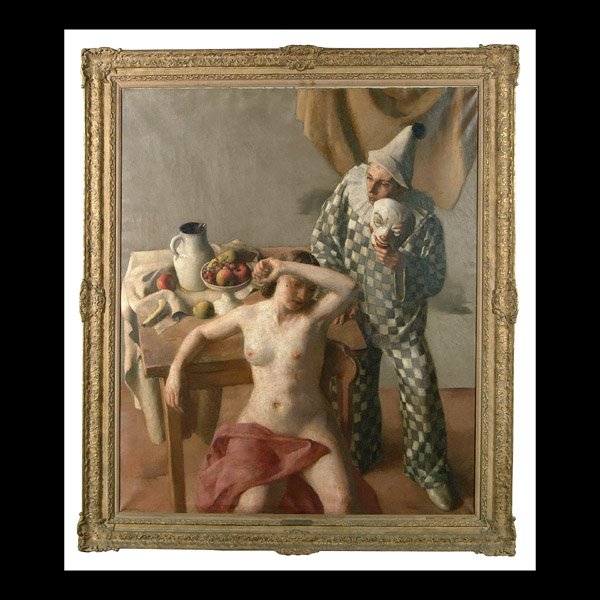 Painting by Robert Brackman: (New York, 1898-1980), titled verso on canvas "Unmasked," nude at table with clown holding mask, signed verso "Robert Brackman…Noank, Conn.," also signed lower left "Brackman," exhibition label vers
